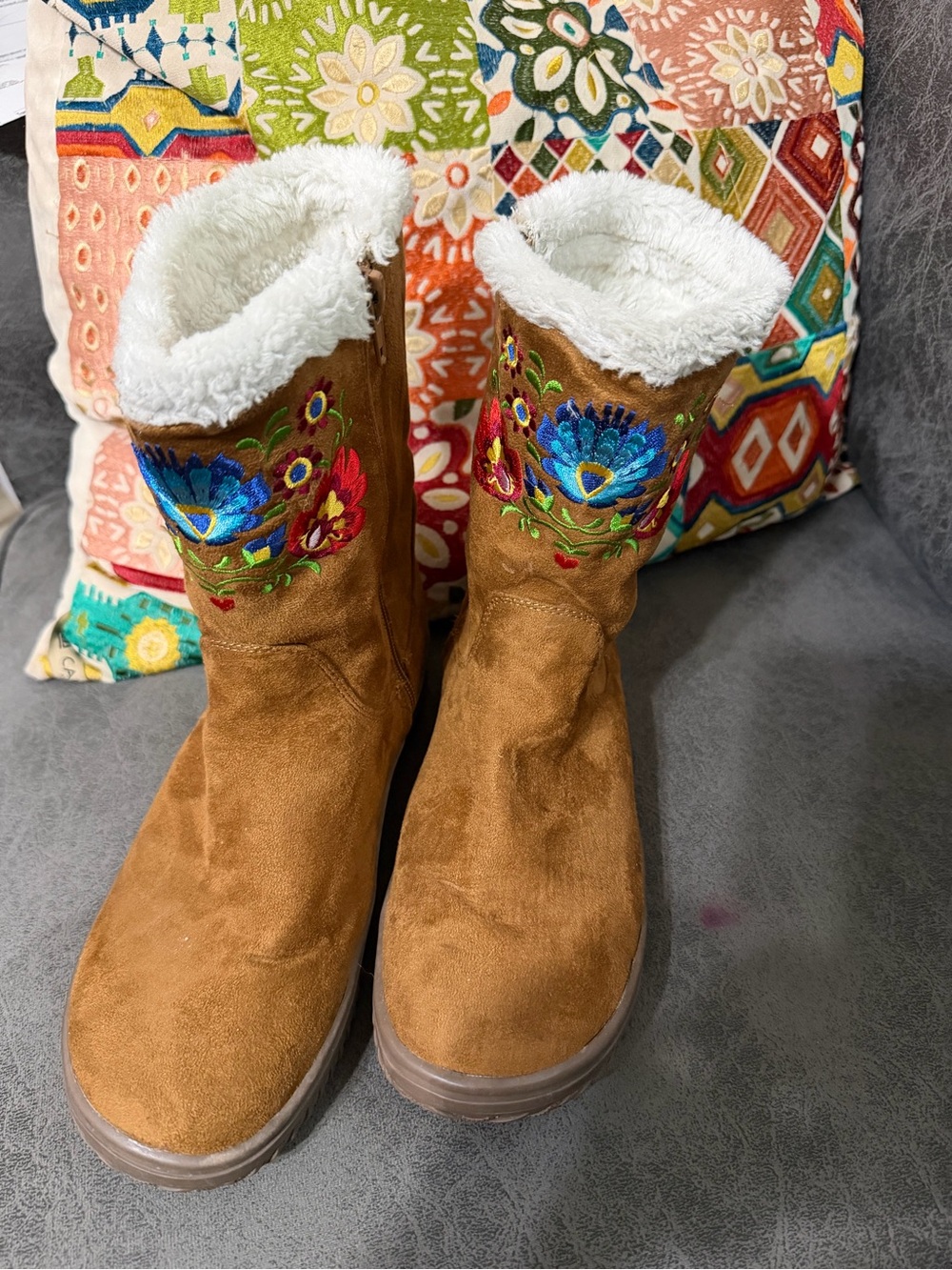 Embroidered Faux-Suede Shearling-Lined Ankle Booties - Brown